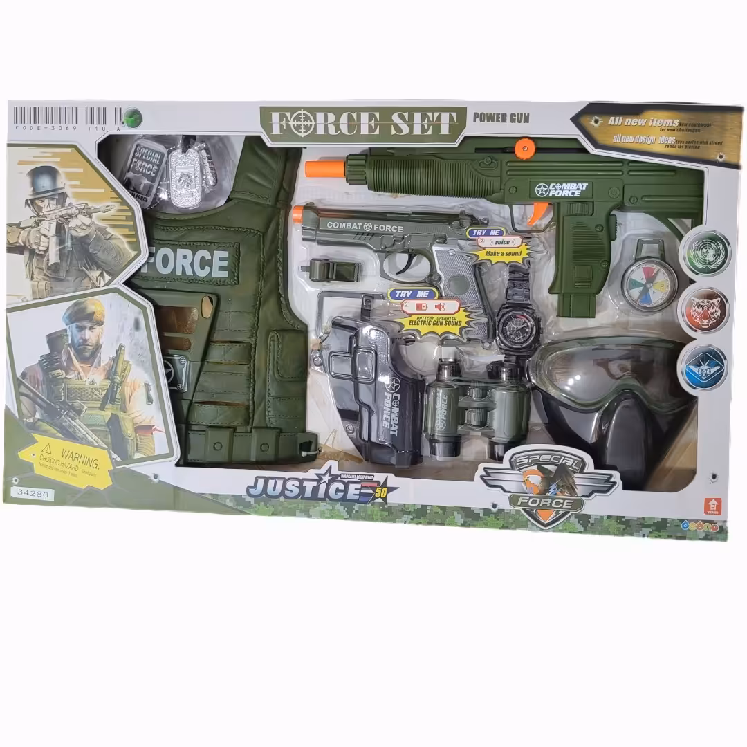 ست اسباب بازی جنگی خارجی شامل جلقه نجات سه عدد تفنگ،ساعت، دوربین، ماسک، قطب نما،سوت،پلاک