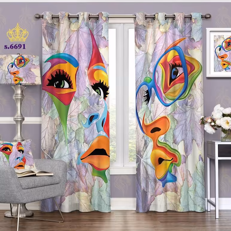 پرده پذیرایی دو قواره پانچ فانتزی طرح نقاشی چهره آبرنگی کد S6691