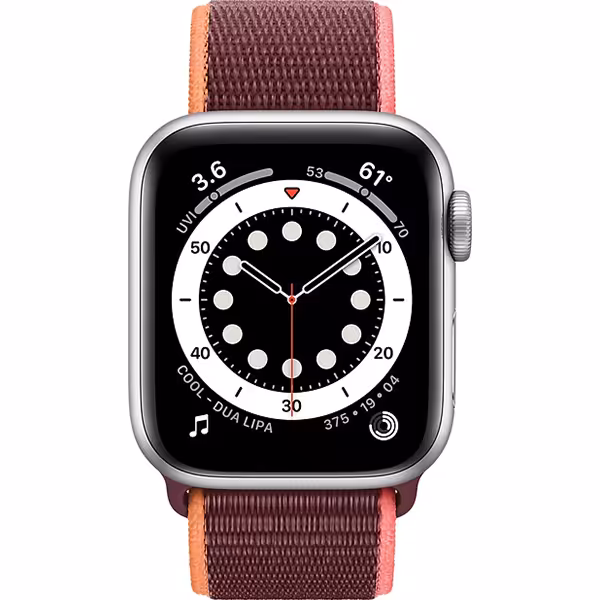 سری 6 آلومینیوم 44 میلیمتری مردانه قاب نقره ای با بند اسپرت لوپ آلویی - Hiapple.ir