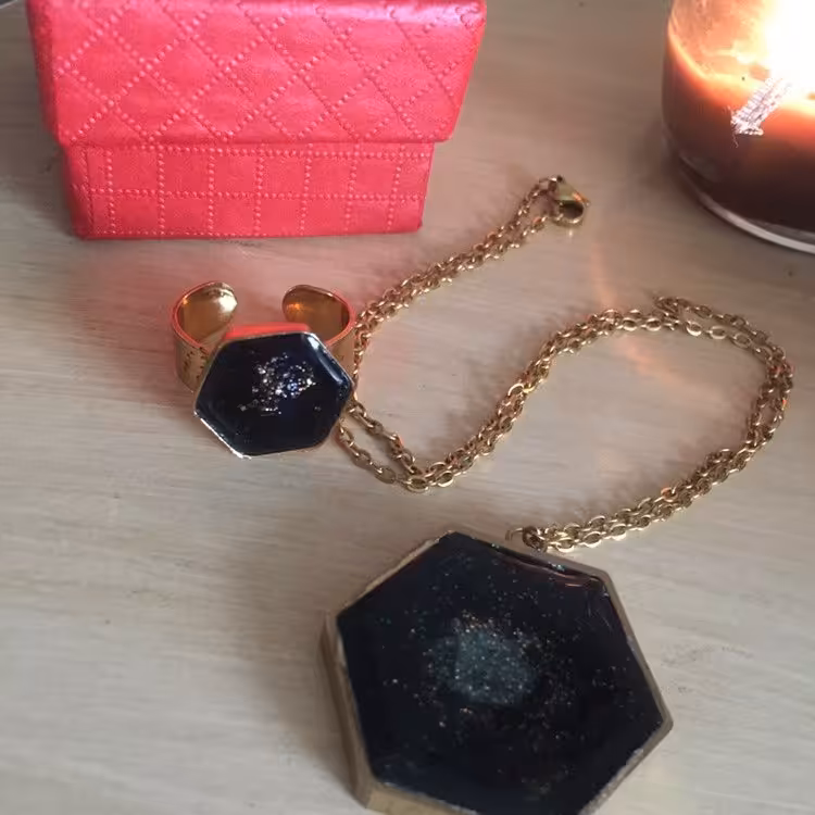 ست انگشتر و گردنبند رزین رنگ مشکی طرح کهکشانی