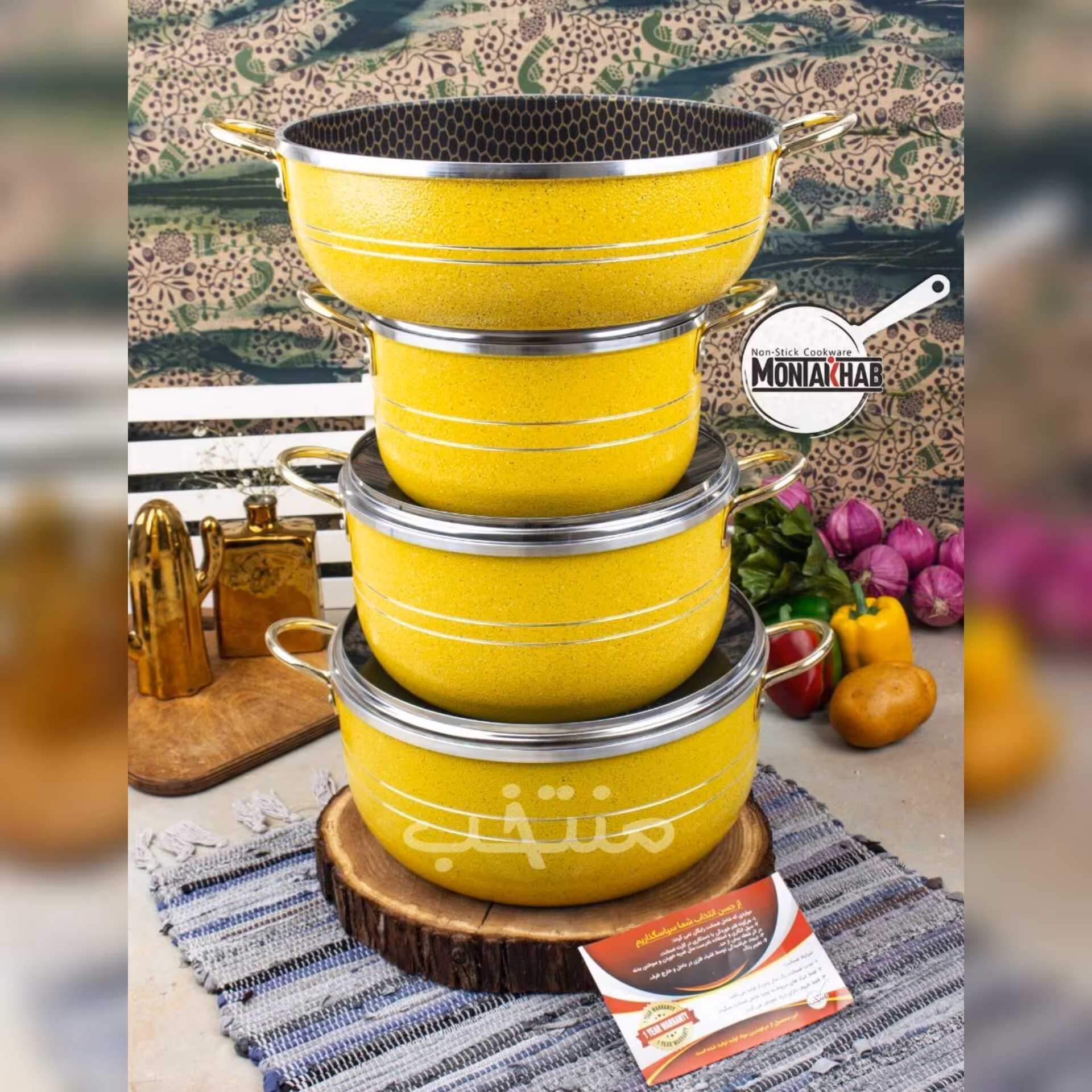 سرویس قابلمه 7 پارچه داخل گرانیت زنبوری رنگ زرد