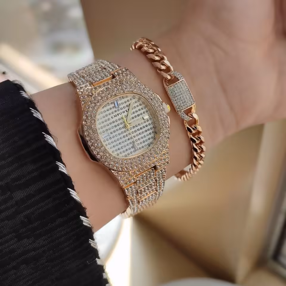 ست ساعت و دستبند زنانه نگین دار