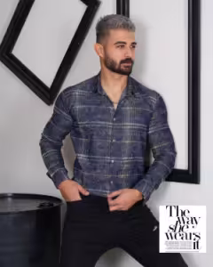 پیراهن مردانه چهارخونه آستین بلند دنیم کش