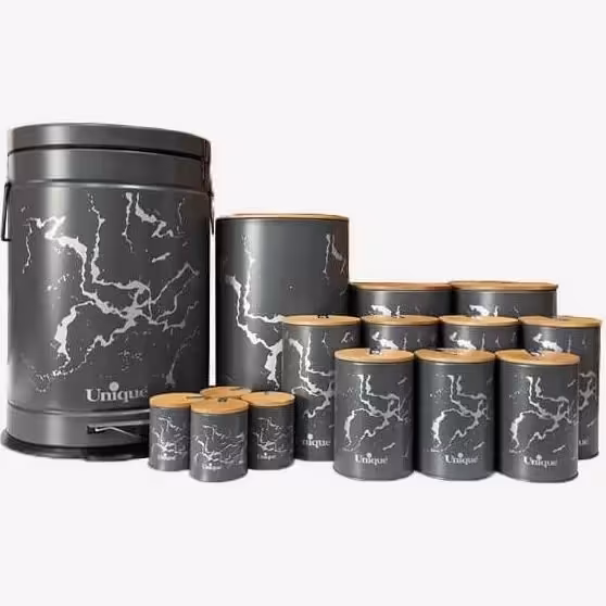 سرویس آشپرخانه 15 پارچه یونیک فانتزی طوسی ماربل درب بامبو کد un-8008َ