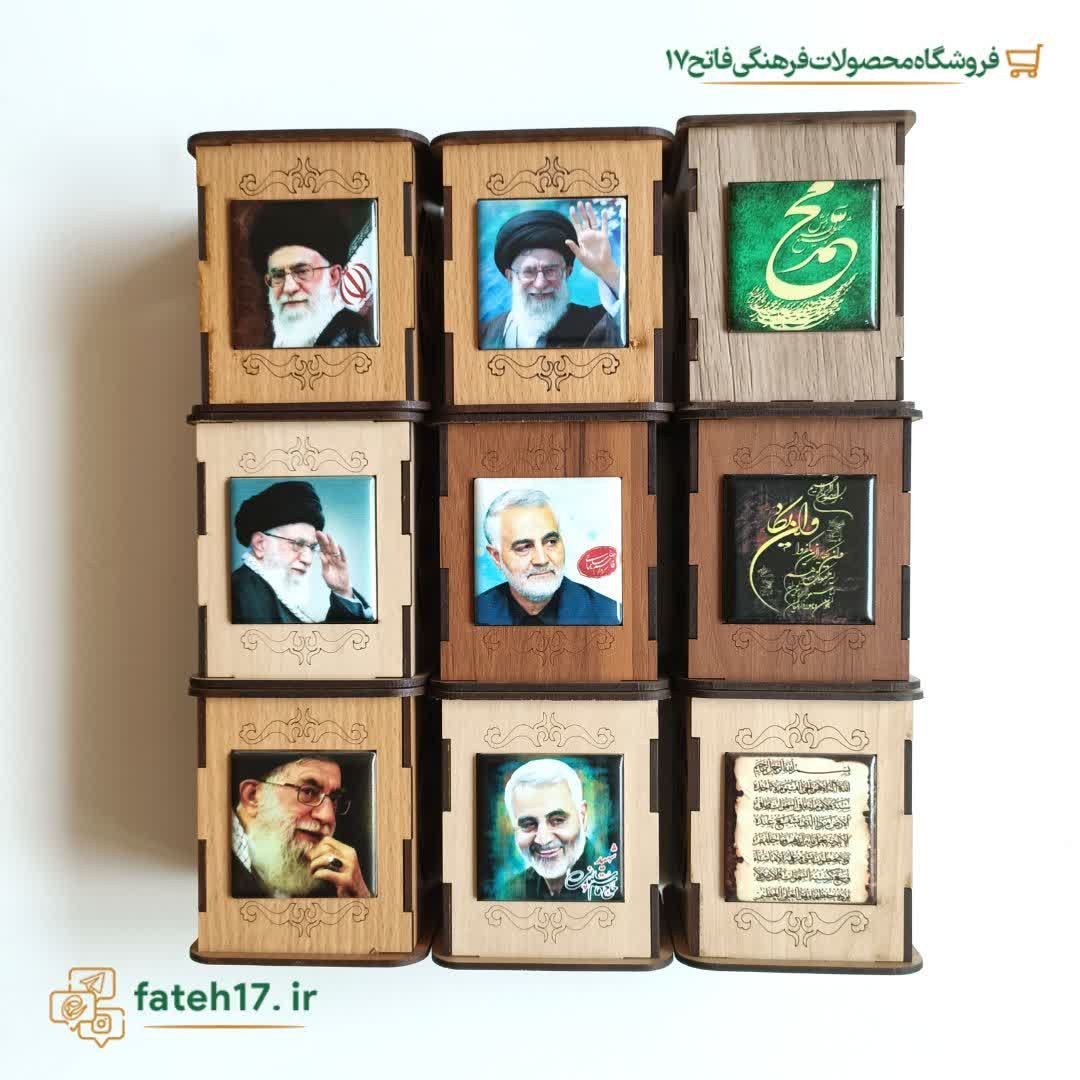 جا قلمی کاشی مزین به تصویر حاج قاسم سلیمانی و مقام معظم رهبری