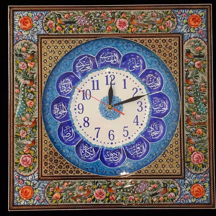ساعت خاتم مینیاتور گل و مرغ با صفحه مینای منقش به اسامی ائمه