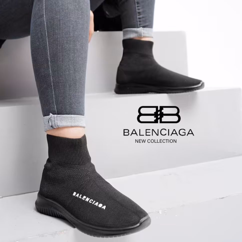 کفش کتونی جورابی ساقدار بالنسیاگا زنانه کشبافت راحتی پیاده روی ورزشی  اسپرت کشباف بافت  بافتی زیره پیو تزریق مشکی فقط37