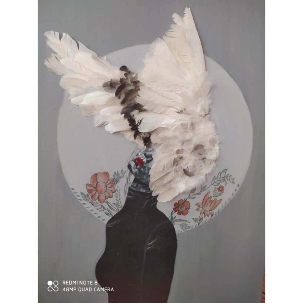 تابلو فرشته رنگ روغن با بال های طبیعی یه کار فانتزی و خلاقانه و خاص در سایز 50 در 70 سانت