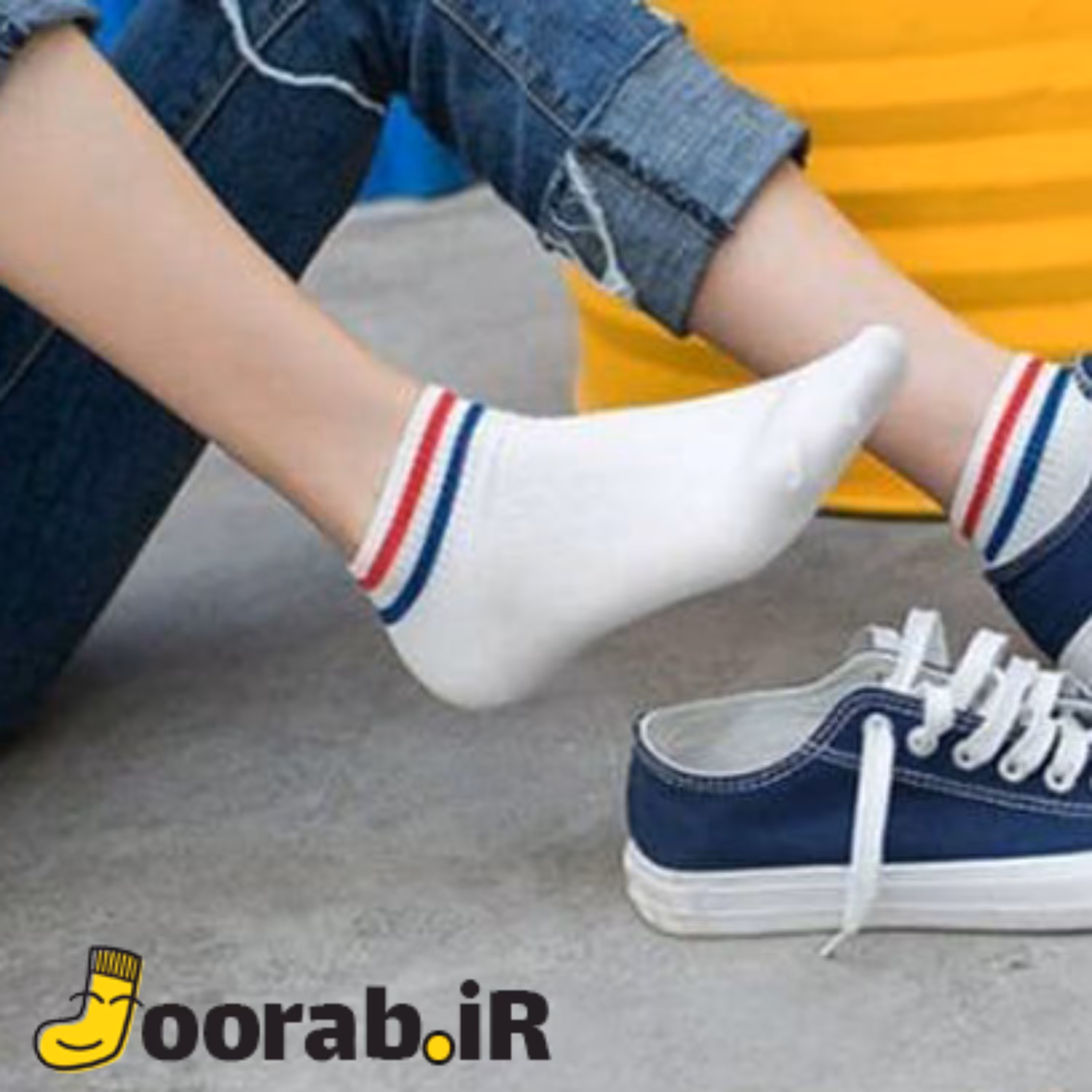 جوراب مچی کش کبریتی لب 2خط سفید با نوار قرمز و آبی