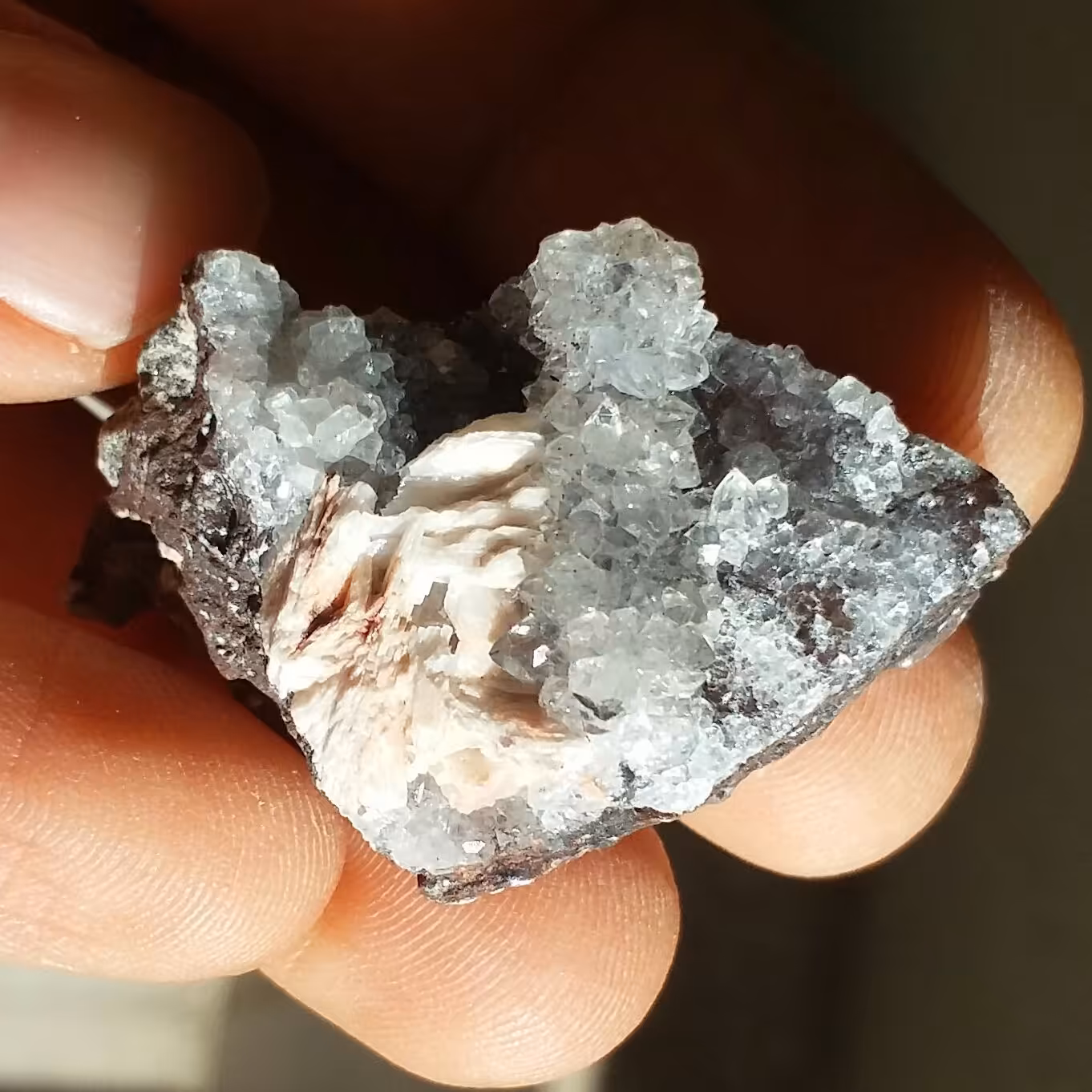 نمونه فوق کلکسیونی همرشدی باریت و کوارتز روی بستر  کلسیت محشر بسیار زیبا 100 در 100 طبیعی خارق العاده و تک
کد 9848