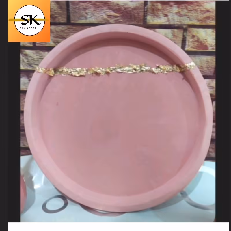 سینی گرد تزیینی طلاکوب شده رنگ صورتی 