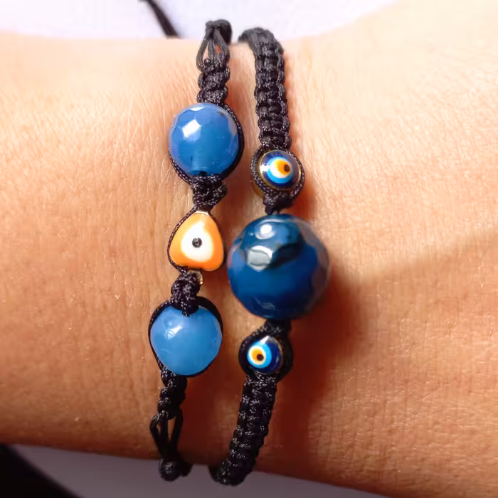 دستبند دوتایی عقیق و چشم  نظر  -در دو رنگ سبز و ابی