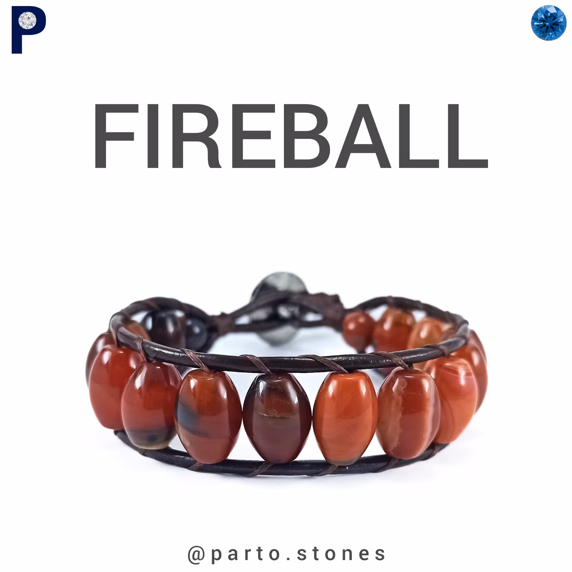 دستبند فایربال با سنگ عقیق بوتسوانا (اصل معدنی) و چرم طبیعی