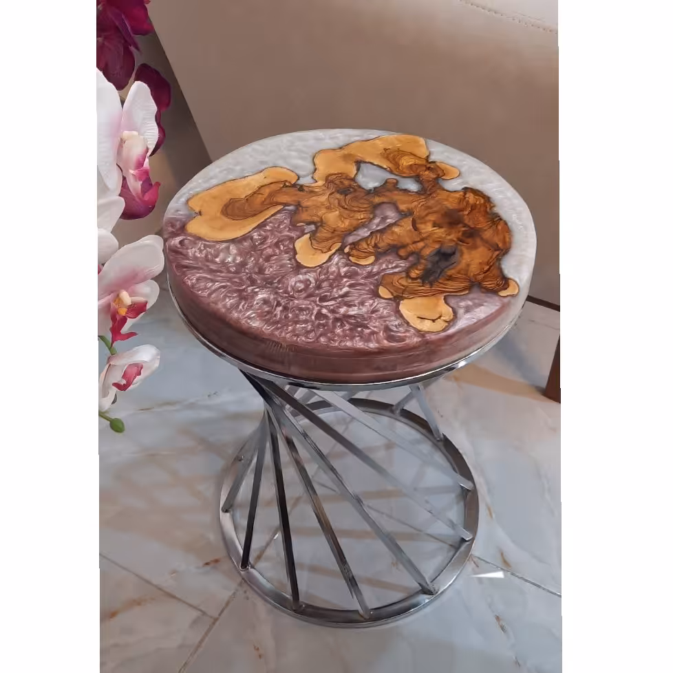 میز پذیرایی عسلی چوب زیتون و رزین و پایه استیل درجه یک