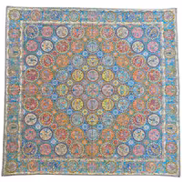 رومیزی مربع ترمه ابریشم کد TRM176 نفیس رنگ فیروزه ای آستر آبی مغزی دوزی