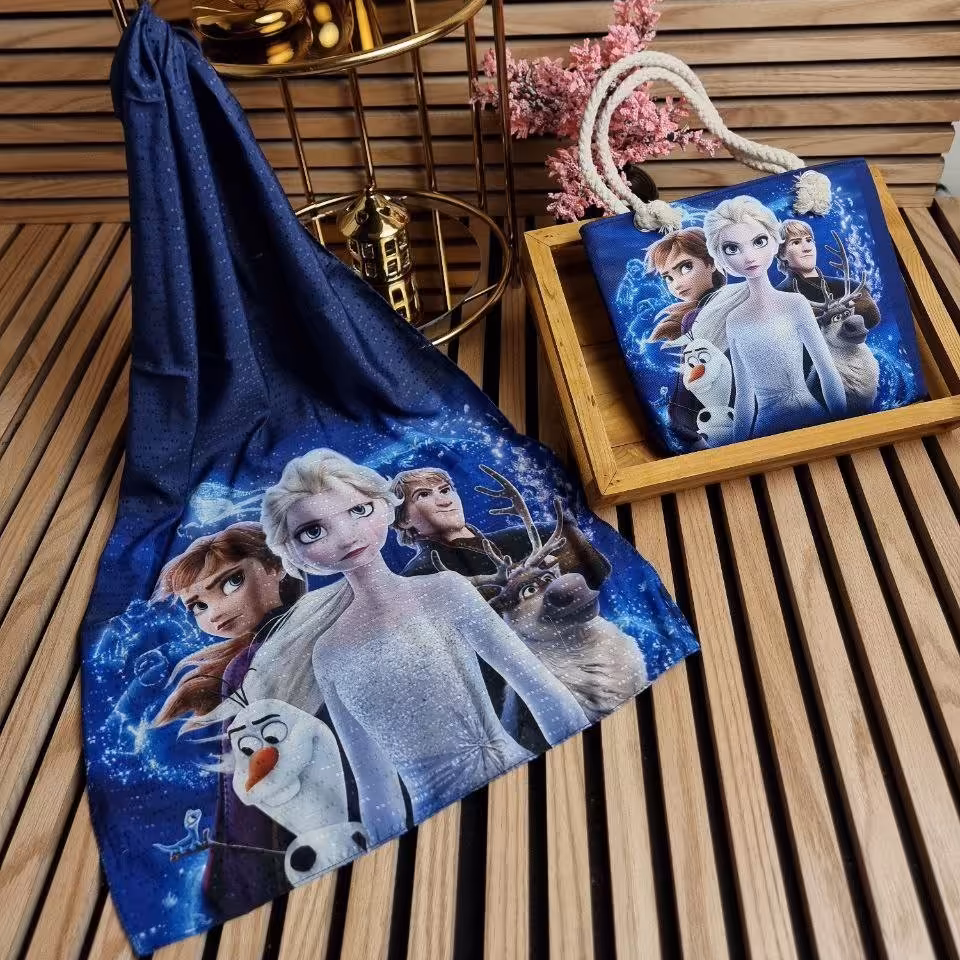 ست کیف و شال فانتزی عروسکی بچه گانه جنس هازان سبک و قابل شسته شو السا و آنا طرح جدید