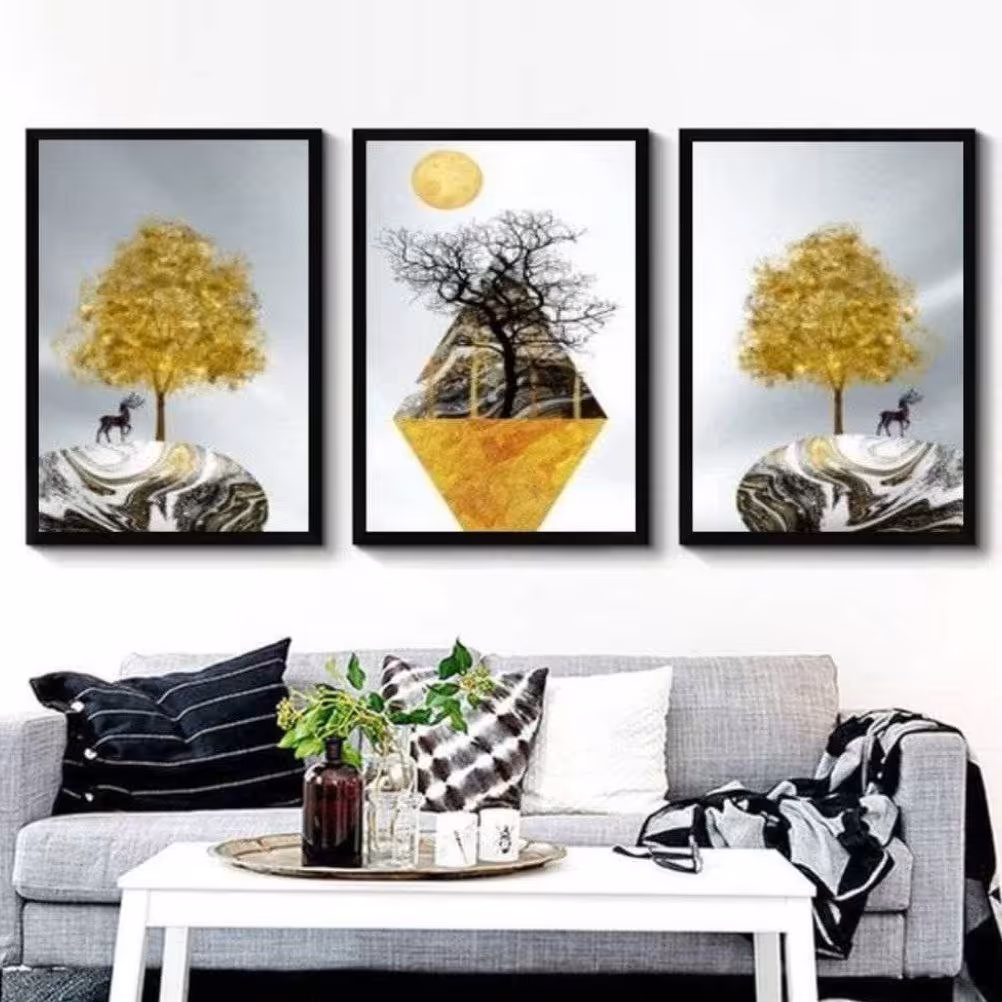 تابلو دکوراتیو فانتزی طرح درخت وگوزن واشکال هندسی سه تکه  