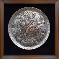 تابلوی قلمزنی با بشقاب مسی 30 سانتی  طرح گل و مرغ