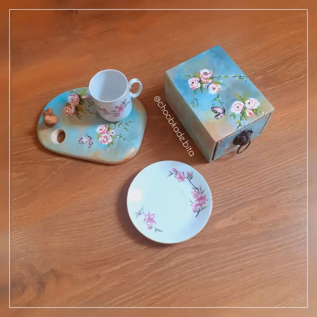 جعبه چوبی دست ساز کشویی کاملا چوب نقاشی شده شکوفه 