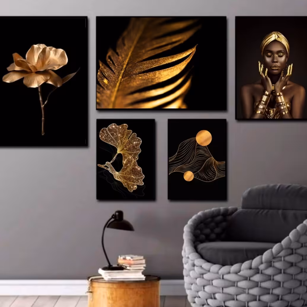 تابلو دکوراتیو  زن واجسام طلایی با زمینه مشکی پنج تکه