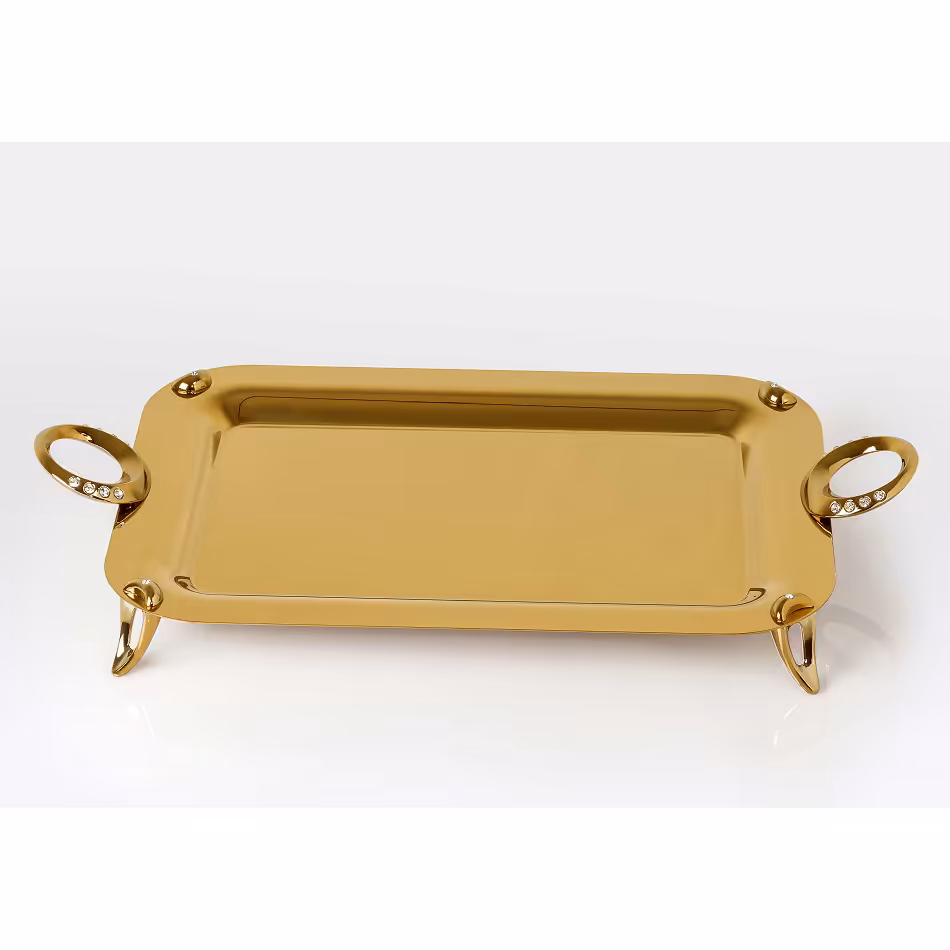 سینی مستطیل کوچک تک استیل مدل نگین دار (طلایی براق)