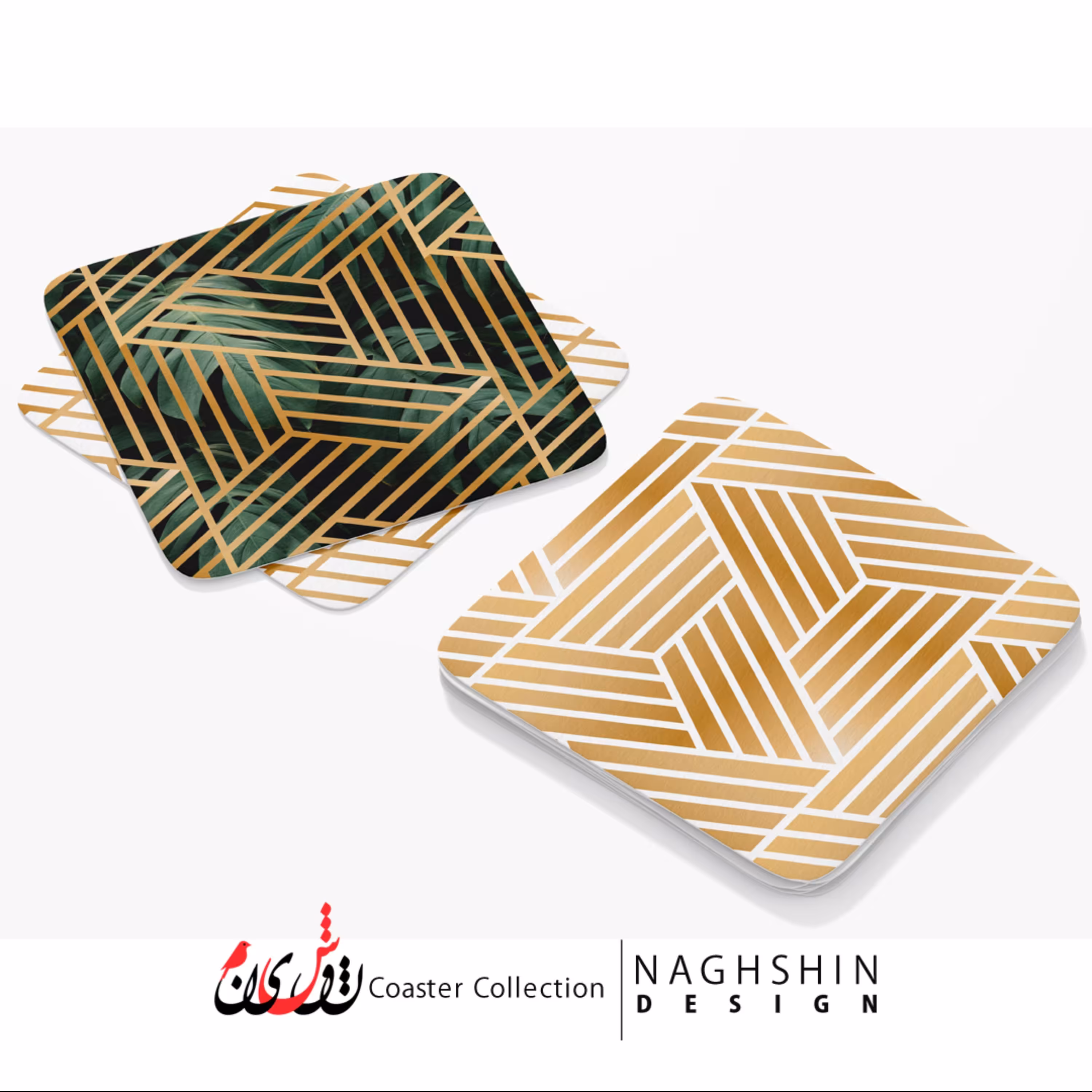 زیرلیوانی طرح سبز و طلایی - ام دی اف -6 عددی 