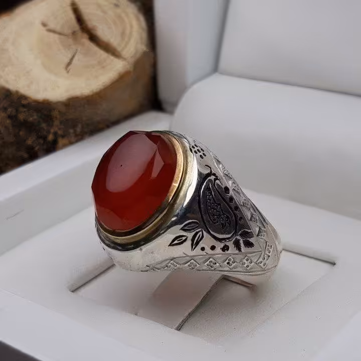 انگشتر نقره مردانه عقیق یمنی الماس تراش رکاب دست ساز