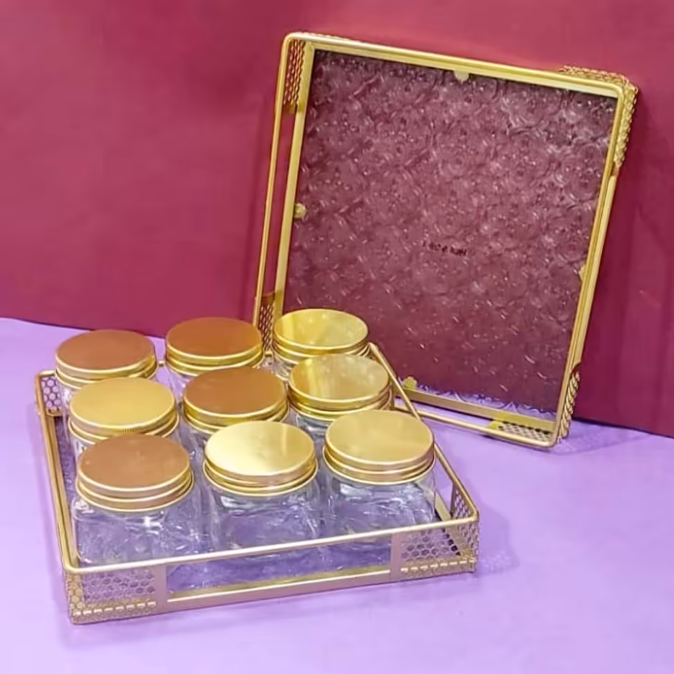 سینی دور طلایی کف شیشه ای مربع سایز(20 در 20)