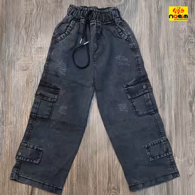 شلوار لی کارگو نیم بگ شش جیب پسرانه دخترانه سایز 75 سنین 6 تا 8