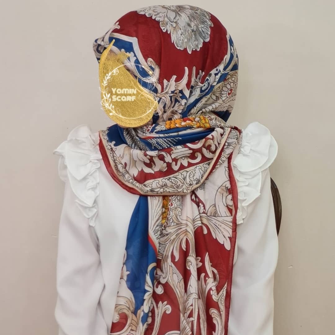 روسری حریر ابریشم رنگ زرشکی آبی قواره 140 مجلسی