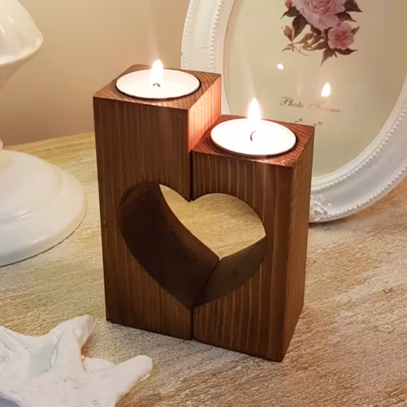 جاشمعی چوبی دوتایی طرح قلب | amazonchi