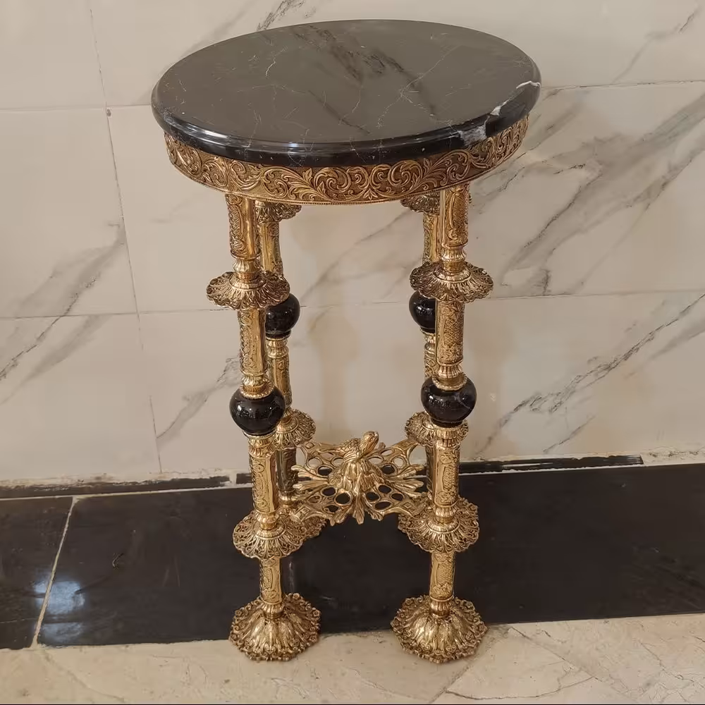 میز تلفن برنجی مدل دیانا با سنگ مشکی کد 7014 (میز تلفن برنز)