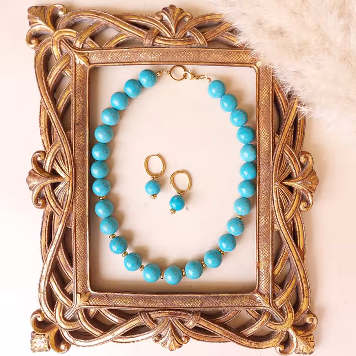 سرویس گردنبند و گوشواره استیل طلایی فیروزه و حدید با رنگ ثابت و بدون حساسیت