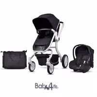 کالسکه کریر بیبی فور لایف مدل گوبی رنگ مشکی بدنه سفید و ساک لوازم و قابلیت صندلی 2طرفه BABY4LIFE