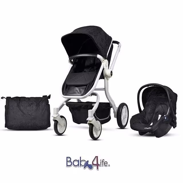 کالسکه کریر بیبی فور لایف مدل گوبی رنگ مشکی بدنه سفید و ساک لوازم و قابلیت صندلی 2طرفه BABY4LIFE