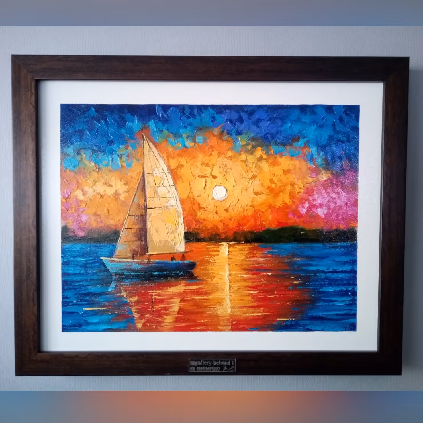 تابلوی نقاشی غروب دریا و قایق رنگ روغن تکنیک کاردک