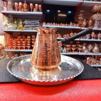 قهوه جوش مسی طرح دار ورساچ (مدل تُرک سایز3 بزرگ) دسته چوبی