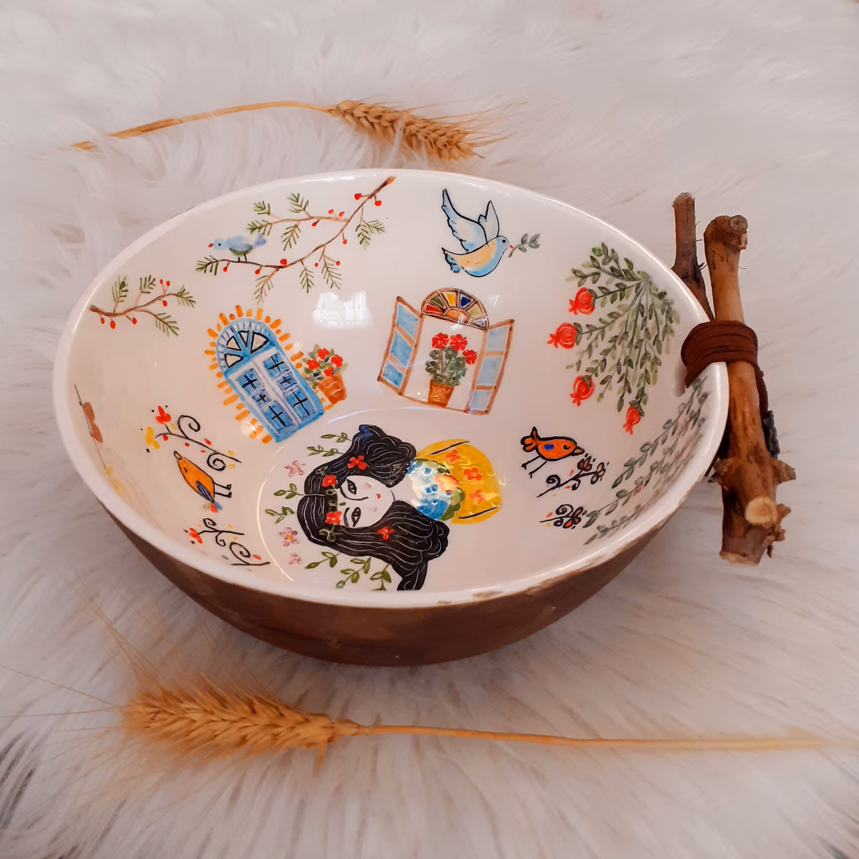 ظروف پذیرایی ظرف فانتزی  کاسه گرد قطر 20 سانت  طرح نارگیل با تزئین چوب و چرم