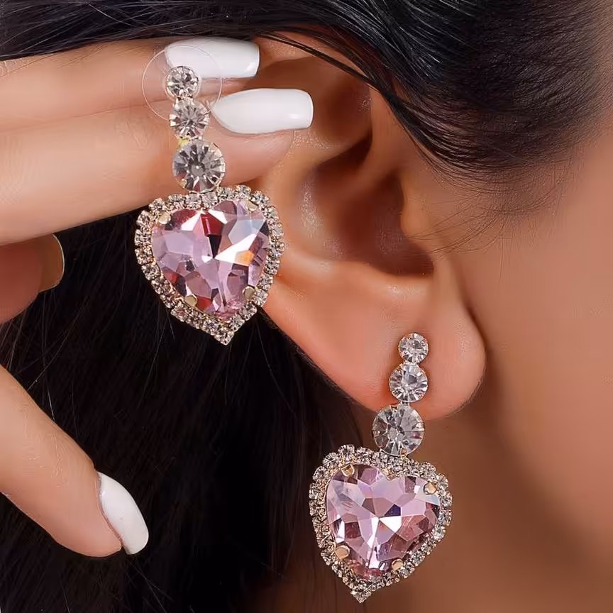 گوشواره کریستال صورتی استیل رنگ ثابت و آبکاری طلا