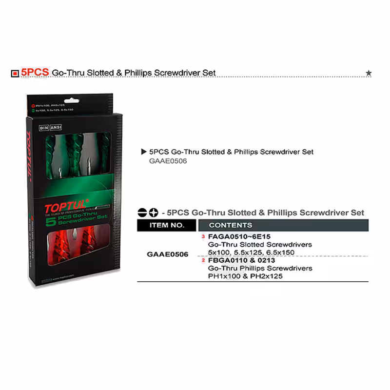 پیچ گوشتی جعبه ای ضربه ای دسته شیشه ای 5 عددی تاپ تول TOPTUL مدل GAAE0506