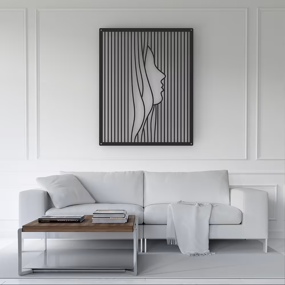 تابلو دکوراتیو فلزی چهره نیم رخ زن ابعاد 60 در 80 رنگ مشکی