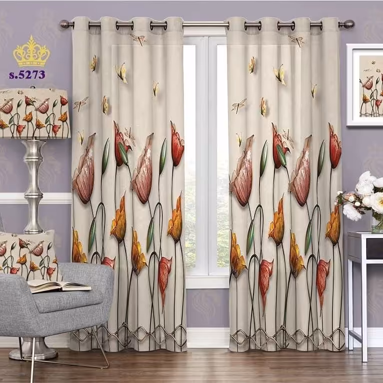 پرده پذیرایی دو قواره پانچ گلدار طرح نقاشی گل و پروانه کد S5273