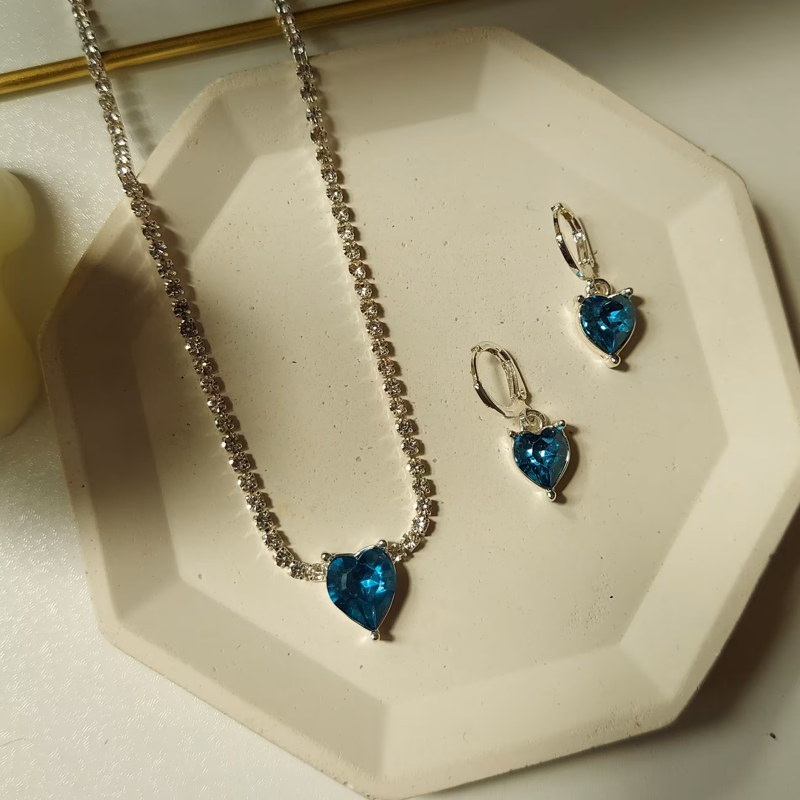 نیم ست گردنبند گوشواره نگین تنیسی وارداتی قلب  کریستال ابی 