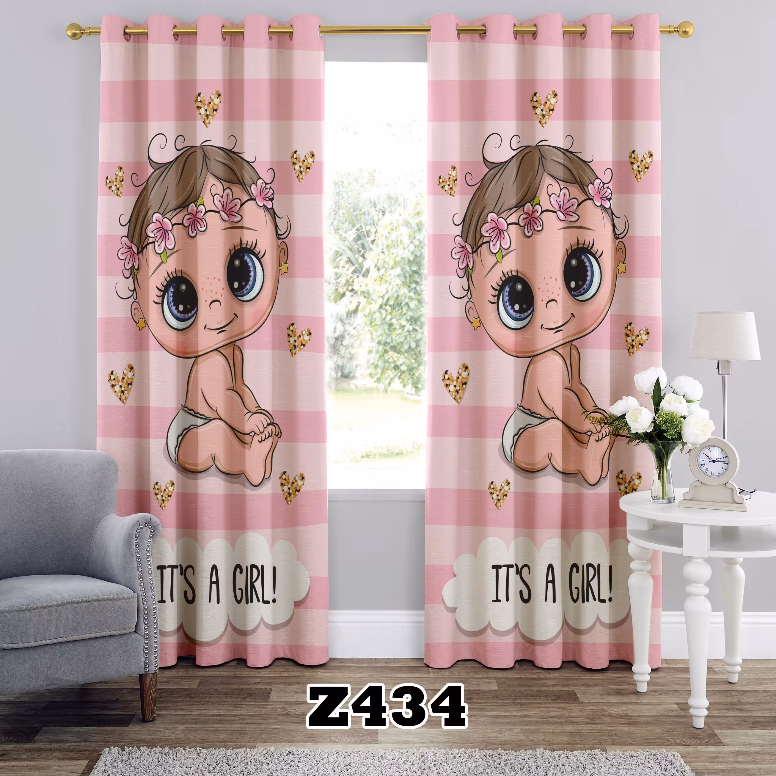 پرده اتاق خواب کودک طرح دخترانه کد Z434 تک قواره ارتفاع 300 عرض 140 سانت