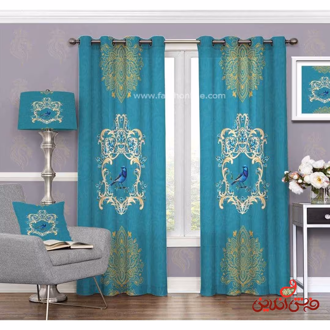 پرده سنتی آبی و گنجشک کد 3278