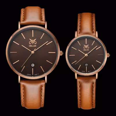 ساعت مچی ست زنانه و مردانه بند چرم اوبلاک مدل فلینت قهوه ای