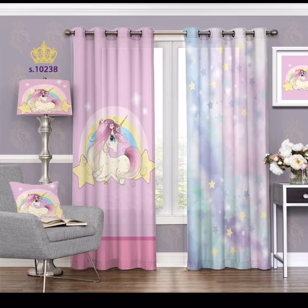 پرده اتاق خواب دخترانه دو قواره طرح کارتونی یونیکورن کد S10238
