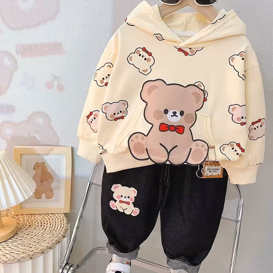 ست دو تیکه هودی و شلوار جین اسپورت بچگانه وارداتی کیفیت تضمینی جنس دورس نخ پنبه درجه یک مناسب حدود سنی 1 تا 5 سال 