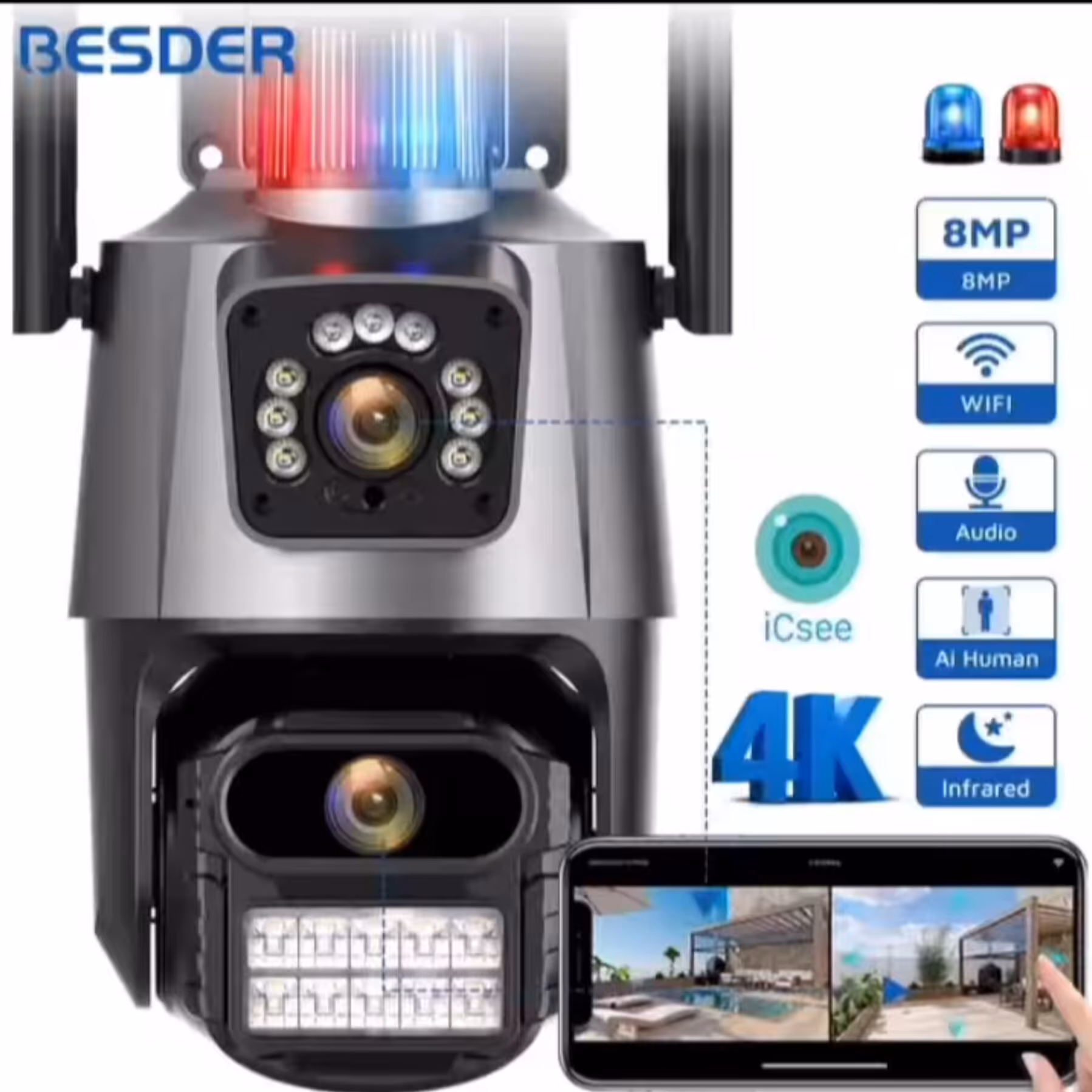 دوربین وایرلس چرخشی 8مگاپیکسل 4k دو لنزه پلاک خوان نرم افزار فعال icsee وxmeye کیفیت بینظیر