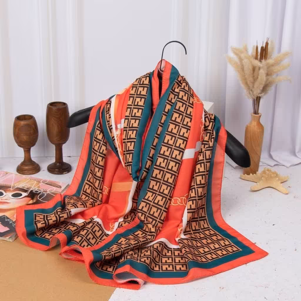 شال سوپرنخ نارنجی-مشکی-قرمز-سبز طرح فندی